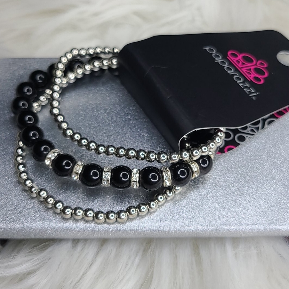 Paparrazzi Accessories stretch bracelet black silver beads lightweight stackable - Picture 2 of 2